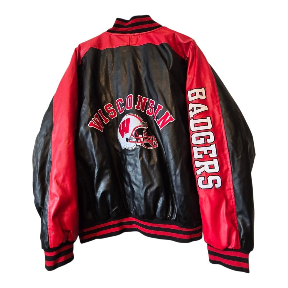 Vintage Y2K Steve Barry Wisconsin Faux Leather Bomber Jacket Men XL Bucky Badger